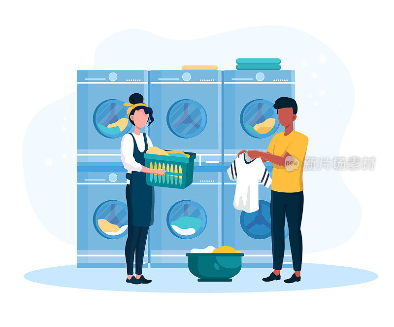 Female maid help man to put clothes into washing machine